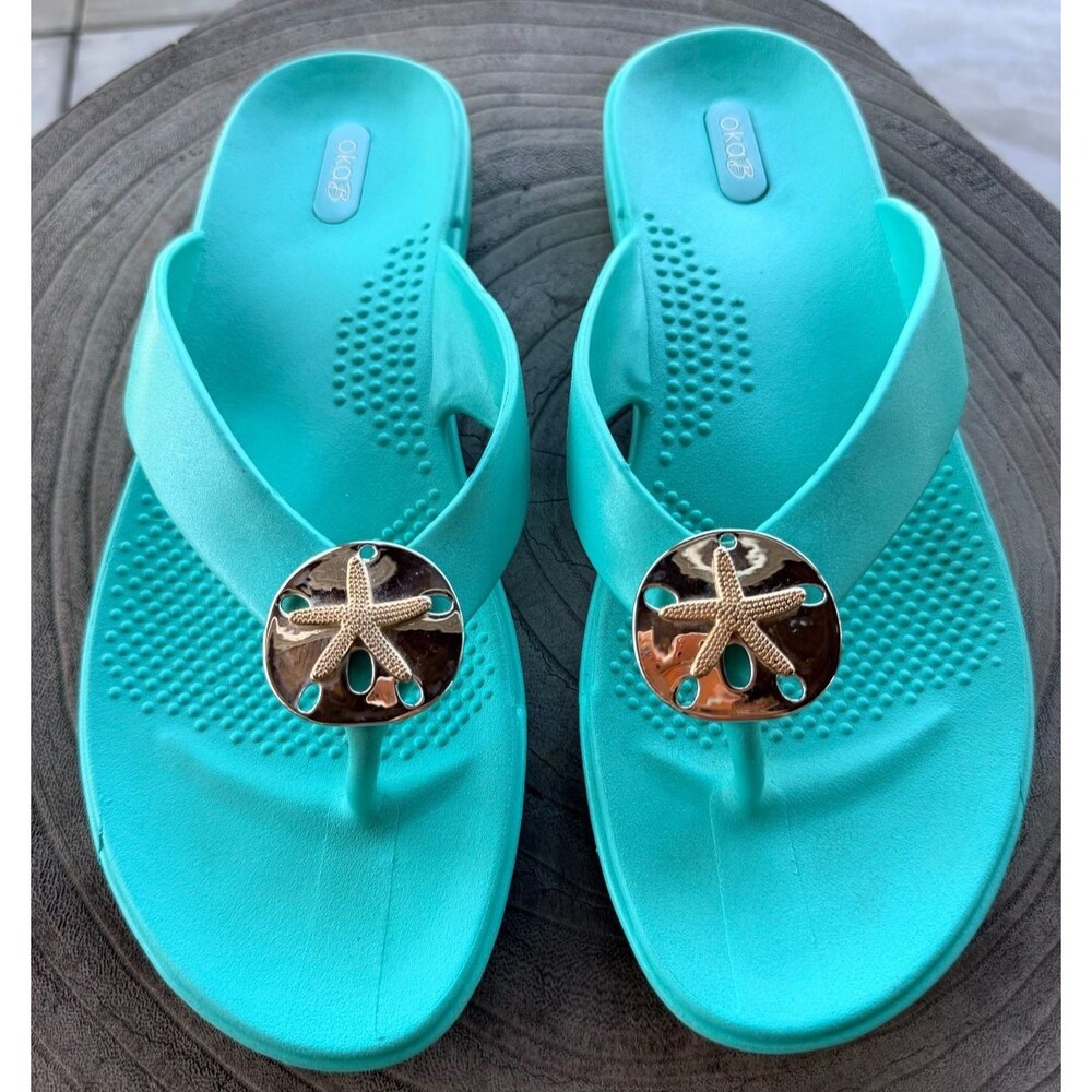 Oka-B Womens Teal Starfish Sand Dollar Flip Flop Sandals Size L Made in USA